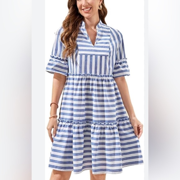 Blue and White Striped Women's Dress - Picture 4 of 4
